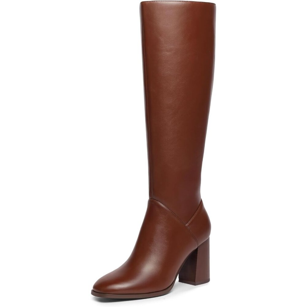 Women's Brown Classic Chunky Heel Square Toe High Heel Side Zipper Tall Boots